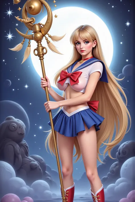 cute woman (swh, role of sailor moon, sexy sailor scout outfit, heroic pose, iconic sailor moon hairstyle, moon scepter), she is striking a heroic pose, moonlit night