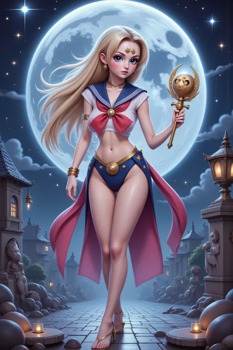 cute woman (swh, role of sailor moon, sexy sailor scout outfit, heroic pose, iconic sailor moon hairstyle, moon scepter), she is striking a heroic pose, moonlit night