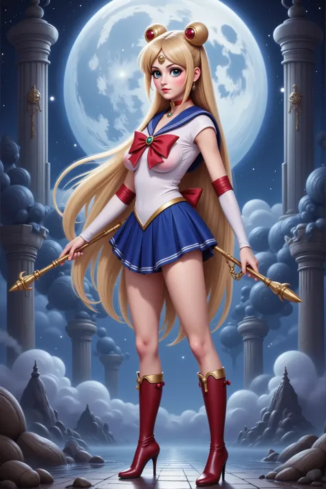 cute woman (swh, role of sailor moon, sexy sailor scout outfit, heroic pose, iconic sailor moon hairstyle, moon scepter), she is striking a heroic pose, moonlit night