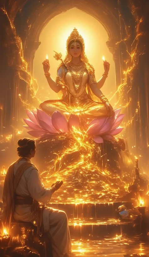 "Create an image symbolizing the attraction of wealth and prosperity. Depict a radiant goddess Lakshmi seated on a lotus, surrounded by flowing golden coins and jewels, representing abundance. In front of her, a devotee, dressed in traditional attire, offe...