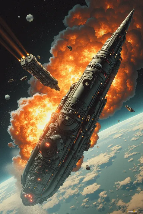A super-detailed SF illustration by Angus MacKee,
with the feel of 1970s SF hand-drawn detailed illustrations,
Drake Interstellar,
Overwhelmingly powerful,
A small pen-shaped spaceship warps out and crashes into the hull of a gigantic colonial spaceship,
...