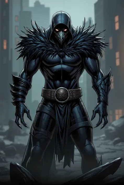 superhero, black outfit, with black feathers on the wrists, sharp crow claws, voluminous black feathers on the shoulders and neck, black hood and torn black cloak, a Crow face,muscular Black body