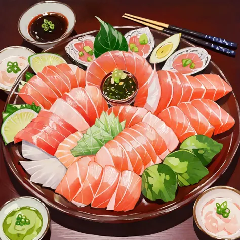 watercolor-like 、 drawn in vivid colors 、 delicious sashimi platter , arranged on red tuna , blended colors and gentle brushstrokes , Red tuna , and creamy white . This arrangement is artistic , traditional , Delicate Japanese food . creates a visu...