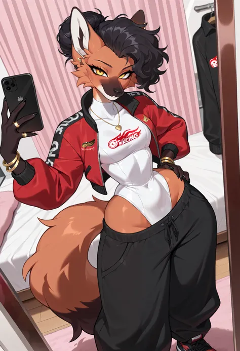 best quality, masterpiece \(quality\), L0LSPL4SH, year2024, year2023, West Studio, sixmorevodka, 1girl, by Riolutiny, solo, anthro_only, ((maned wolf)), fluffy, small breasts, (wide hips, love handles), ((black oversized pants, white leotard, red jacket, r...