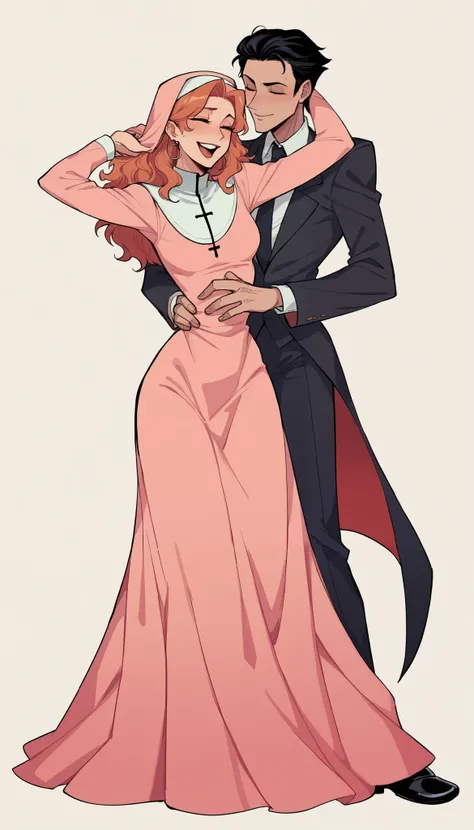 better quality, very detailed illustration ,two people, boy and girl, couple, long ruffled voluminous bouncy hair , playful look, delgado, ideal body, thin waist , wide hips, simple drawing, Artifyber style , pastel flat colors , nun dress, slit in dress,...