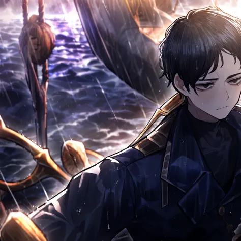 1man, boy, male, black hair, short hair, unkempt hair, pirate captain attire, close up, solo, dark blue outfit, high resolution, raining, Masterpiece, detailed, ((projectmoon)), skinny, black eyes, on ship, trident with 3 prongs on back