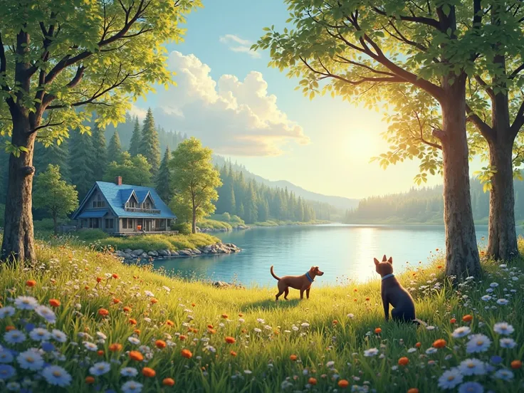A bright morning with warm sunlight, green leaves, swaying wildflowers, trees, a serene blue lake, a blue-roofed house by the shore, peaceful nature, a playful dog, and a quiet cat, Photorealistic image