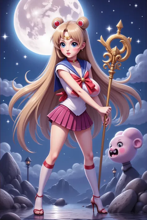 cute woman (swh, role of sailor moon, sexy sailor scout outfit, heroic pose, iconic sailor moon hairstyle, moon scepter), she is striking a heroic pose, moonlit night