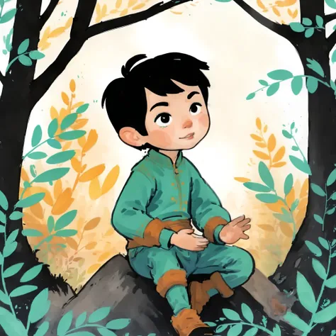 2D ART, hyper detailed gouache painting, illustration, gougoupaintleaves style, portrait of 1boy, solo, little elfling, young baby, toddler, detailed cute face, round features, medieval clothing, onesie in medieval style, pointy ears, sitting in a dark for...