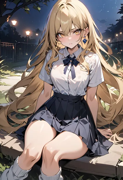 ((greatest masterpiece,Super high quality:1.2)),(super resolution),(solo),cowboy shot(front),night,Slender, slender high school girl sitting Yankee with her legs spread out at the park,beautiful face,(long blonde hair),perfect golden eyes,staring at you,se...