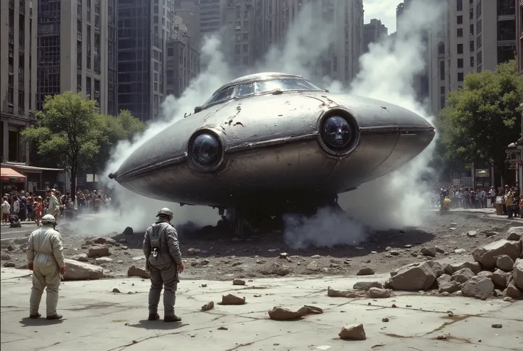 {{A ((realistic and dramatic)) depiction of {a huge crashed UFO in an urban setting}} with {a mysterious metallic spacecraft embedded in the ground, emitting smoke and steam from its impact site}. This is an image inspired by {((science fiction concept art...
