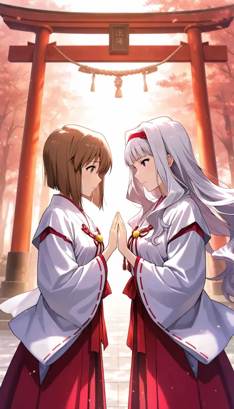 score_9 , score_8_up , score_7_up , source_anime ,2 girls, Shijou Takane, white hair, long hair, BREAK, purple eyes, Simple headband, Hagiwara Yukiho, brown hair, short hair, brown eyes, shrine maiden clothes, Stand facing each other and clasp hands, In fr...