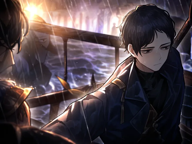 1man, boy, male, black hair, short hair, unkempt hair, pirate captain attire, close up, solo, dark blue outfit, high resolution, raining, Masterpiece, detailed, ((projectmoon)), skinny, black eyes, on ship, holding trident, black shirt, male focus, solo fo...