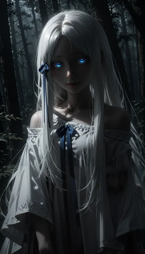 medium-up, KJOpandora, white hair, blue eyes, parted bangs, Long eyelashes, very long hair, hair ribbon, half-closed eyes, pale skin, сonfident gaze, glowing eyes, white dress, off shoulder, In a dark forest, tall trees, A sweet smile, ancient forest, ethe...