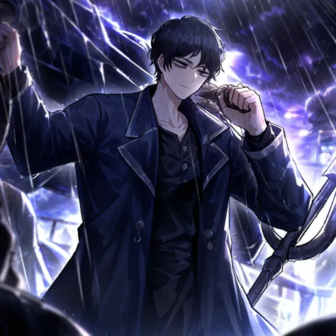 1man, boy, male, black hair, short hair, unkempt hair, pirate captain attire, close up, solo, dark blue outfit, high resolution, raining, Masterpiece, detailed, ((projectmoon)), skinny, black eyes, on ship, holding trident in one hand, black shirt, male fo...