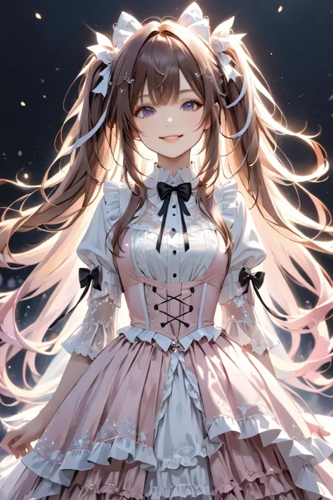 long brown hair , twin tails 、with a bow on her head. she's lighting, pastel pink dress, in a white gothic lolita outfit、white gothic top with lots of lace , same as a feminine tight casual black dress with lots of frills , Beautiful Girl with Lots of...