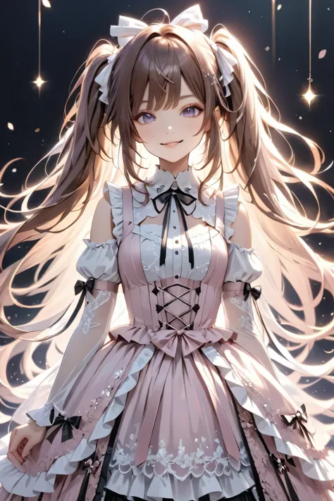 long brown hair , twin tails 、with a bow on her head. she's lighting, pastel pink dress, in a white gothic lolita outfit、white gothic top with lots of lace , same as a feminine tight casual black dress with lots of frills , Beautiful Girl with Lots of...