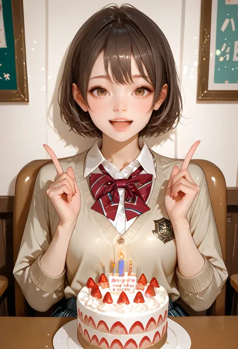 ultra detailed realistic girl half body celebrating birthday and cake, brown short hair, brown eyes, school uniform outfit, background, ray tracing, short hair, sitting in a chair in a bedroom 
