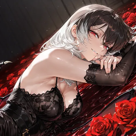 by [arknights|(748cmstyle:0.5)], mature, young adult, masterpiece, best quality, amazing quality, very aesthetic, high resolution, ultra-detailed, absurdres,
1girl, woman, solo, alone,(dynamic pose, looking at viewer, resting on her elbow, side shot, from ...