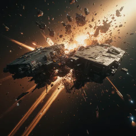 Ultra sharp cinematic sci-fi space war photo, photorealistic low angle view of two enemy spaceships colliding at high speed in space. Both ships have a technocratic and military design. Although they are both armoured by big steel plates with intricate tec...