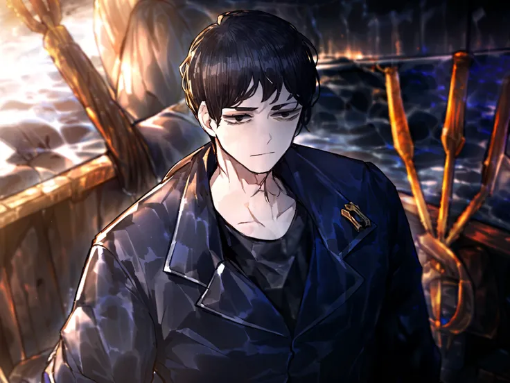 1man, boy, male, black hair, short hair, unkempt hair, pirate captain attire, close up, solo, dark blue coat, high resolution, Masterpiece, detailed, ((projectmoon)), skinny, black eyes, on ship, trident with 3 prongs on back, black shirt,