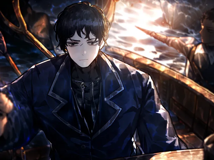 1man, boy, male, black hair, short hair, unkempt hair, pirate captain attire, close up, solo, dark blue coat, high resolution, Masterpiece, detailed, ((projectmoon)), skinny, black eyes, on ship, trident with 3 prongs on back, black shirt,