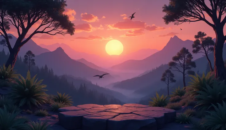 STYLE: Semi-realistic with cartoon elements, similar to stylized 3D animation. Textures should be detailed but shapes slightly exaggerated. NO HUMAN OR ANTHROPOMORPHIC CHARACTERS in this image.

TIME: Dusk/twilight, specifically the moment when the sun has...