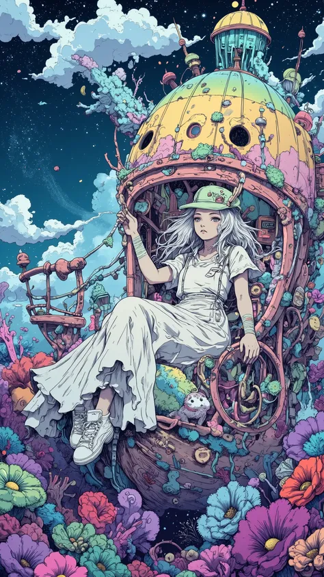 fantasy,Vision,There is a rainbow jellyfish ship in the clouds,jellyfish umbrella cover(It is 5 meters long),The oar is a boat made of whale ribs,fluorescent seaweed grows on the interior walls of the cabin,Provides oxygen and light blue lighting,and antle...