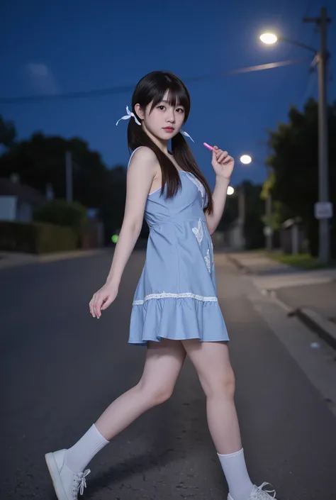 A full-body illustration of a young age girl with long, dark brown hair styled in low twin-tails, tied with cute ribbons. Her large, expressive eyes shine with excitement and a hint of rebellion, her cheeks slightly flushed with youthful passion. She wears...