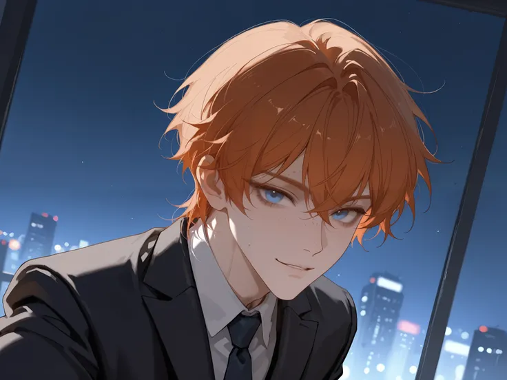 red hair, blue eyes, colored, masterpiece, best quality, very aesthetic, newest, absurdres, highres,
yuyuhuadiao,
1boy, solo, short hair, male focus, ginger hair, ginger eyelashes, parted lips, looking at viewer, messy bangs on the face, blue eyes, very hi...