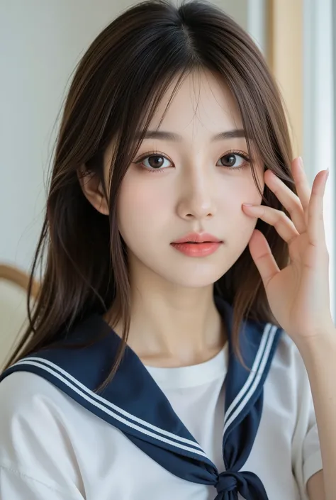 ((masterpiece, top quality, best image quality, high resolution, photorealistic, RAW photo, HIGHLY DETAILED CG INTEGRATED 8K Wallpaper)), 1 girl, Alone, A BEAUTIFUL YOUNG WOMAN, 18 years old, realistic skin texture, shiny skin, schoolgirls, school unifor...