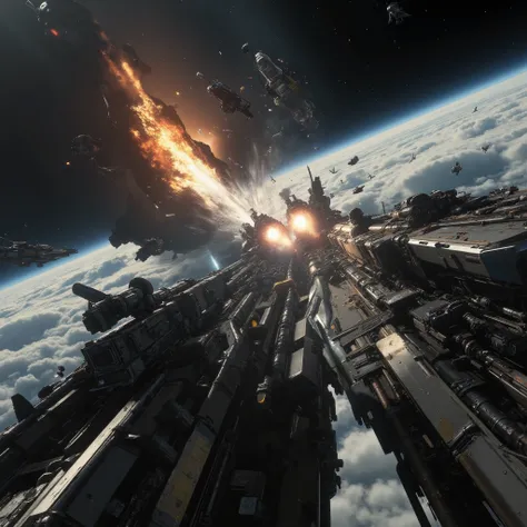 Ultra sharp cinematic sci-fi space war photo, photorealistic low angle view of two enemy spaceships colliding at high speed in space. Both ships have a technocratic and military design. Although they are both armoured by big steel plates with intricate tec...