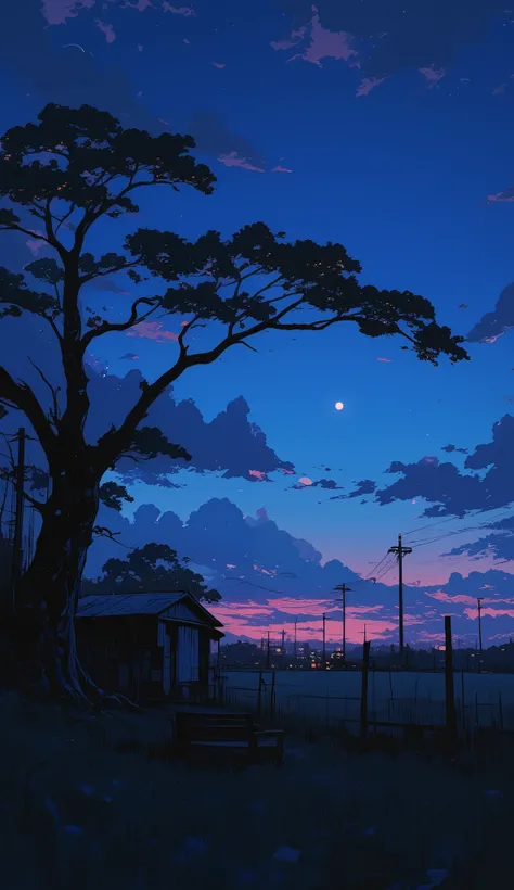 Create an intense, evocative scene in the Japanese retro anime style of the 80s and 90s. The background features a small moon hanging low over an open field landscape with a solitary tree, a wooden bench nearby, and rustic fences stretching into the distan...