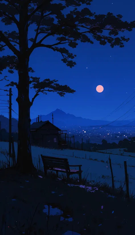Create an intense, evocative scene in the Japanese retro anime style of the 80s and 90s. The background features a small moon hanging low over an open field landscape with a solitary tree, a wooden bench nearby, and rustic fences stretching into the distan...