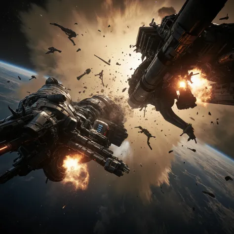 Ultra sharp cinematic sci-fi space war photo, photorealistic low angle view of two enemy spaceships colliding at high speed in space. Both ships have a technocratic and military design. Although they are both armoured by big steel plates with intricate tec...