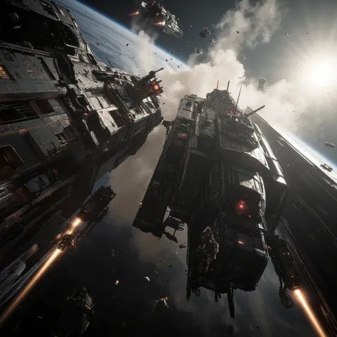 Ultra sharp cinematic sci-fi space war photo, photorealistic low angle view of two enemy spaceships colliding at high speed in space. Both ships have a technocratic and military design. Although they are both armoured by big steel plates with intricate tec...