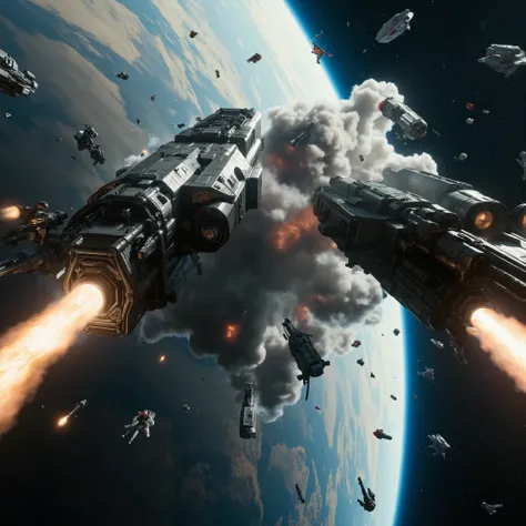 Ultra sharp cinematic sci-fi space war photo, photorealistic low angle view of two enemy spaceships colliding at high speed in space. Both ships have a technocratic and military design. Although they are both armoured by big steel plates with intricate tec...