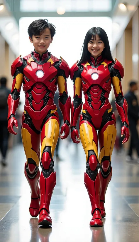 character: 1 boy, and 1 girl. They have black hair and They have oriental faces.
action: Walk straight and look straight ahead.
Expression : smiling.
Costume : they Wearing futuristic red orange Ironman body suit
Background : A bright indoor public ...