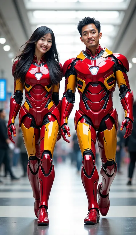 character: 1 young man, and 1 young women. They have black hair and They have oriental faces.
action: Walk straight and look straight ahead.
Expression : smiling.
Costume : they Wearing futuristic red orange Ironman body suit
Background : A bright i...