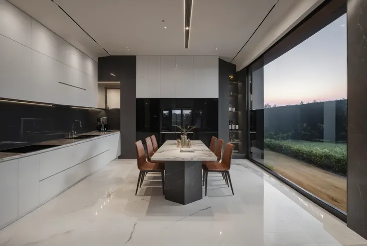 Raw photo,Masterpiece, high quality, best quality, authentic, super detail, interior, indoors, kitchen room style modern, White wall:1.4, White Marble floor:1.3, , (twilight:1.1), vivid colour, (realistic:1.2),