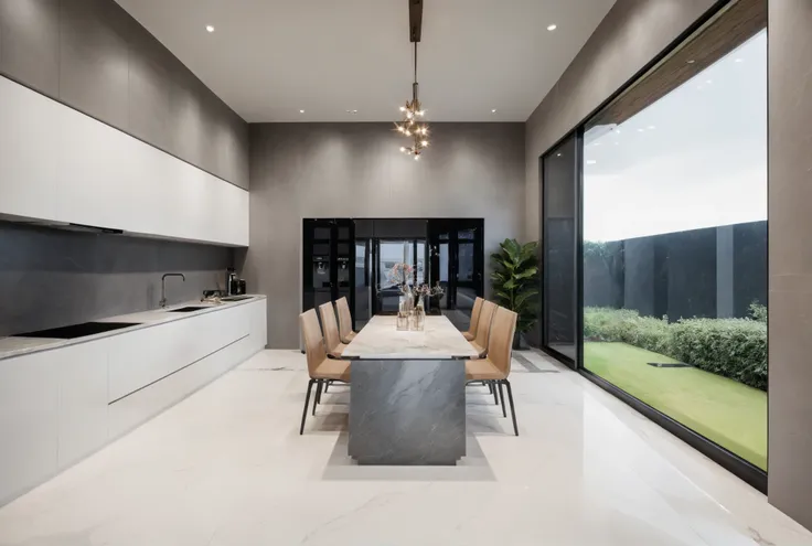 Raw photo,Masterpiece, high quality, best quality, authentic, super detail, interior, indoors, kitchen room style modern, White wall:1.4, White Marble floor:1.3, , (twilight:1.1), vivid colour, (realistic:1.2),