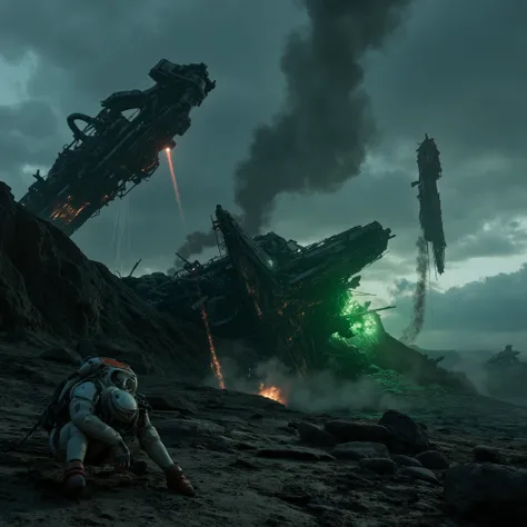 Masterpiece apocalyptic sci-fi photo, photorealistic low angle view of a splintered wreck of a bizarre alien starship crashed down onto a dark barren alien planet and broken into a chaos of menacingly towering metal scrap on a sharp-edged rocky ridge under...