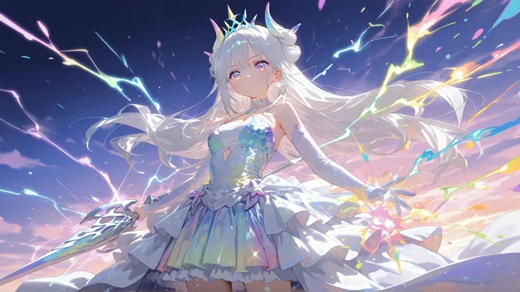 Absard Dress, high resolution, Super Detail, high resolution, masterpiece, Highly Detailed Face and Eyes, Dragon Knight , Colorful white hair , , Alone, male, handsome, , , Epic Battle Scenes, colorful water splash effect, colorful lightning effects ,Shin...
