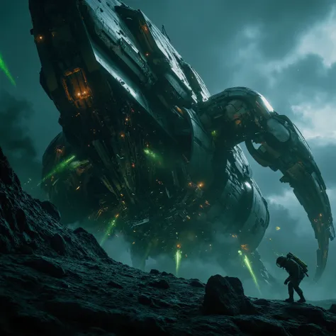 Masterpiece apocalyptic sci-fi photo, photorealistic low angle view of a splintered wreck of a bizarre alien starship crashed down onto a dark barren alien planet and broken into a chaos of menacingly towering metal scrap on a sharp-edged rocky ridge under...
