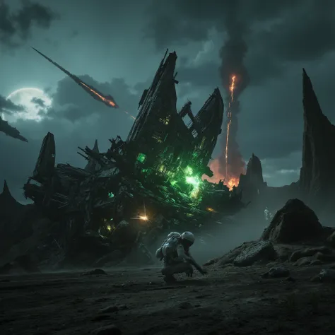 Masterpiece apocalyptic sci-fi photo, photorealistic low angle view of a splintered wreck of a bizarre alien starship crashed down onto a dark barren alien planet and broken into a chaos of menacingly towering metal scrap on a sharp-edged rocky ridge under...