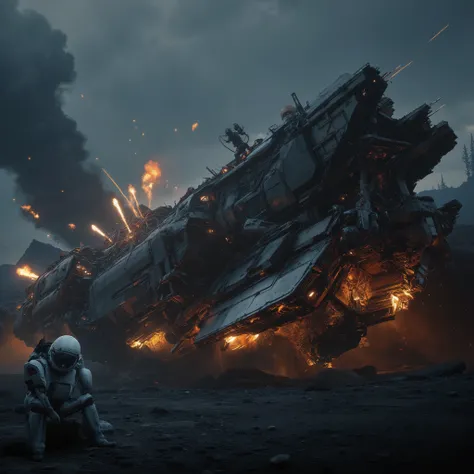 Masterpiece apocalyptic sci-fi photo, photorealistic low angle view of a splintered wreck of a bizarre alien starship crashed down onto a dark barren alien planet and broken into a chaos of menacingly towering metal scrap on a sharp-edged rocky ridge under...