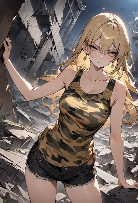((greatest masterpiece,Super high quality:1.2)),(super resolution),(solo),cowboy shot(front),night,Slender, slender high school student posing in ruins,beautiful face,(long blonde hair),perfect golden eyes,staring at you,serious expression,high quality cam...
