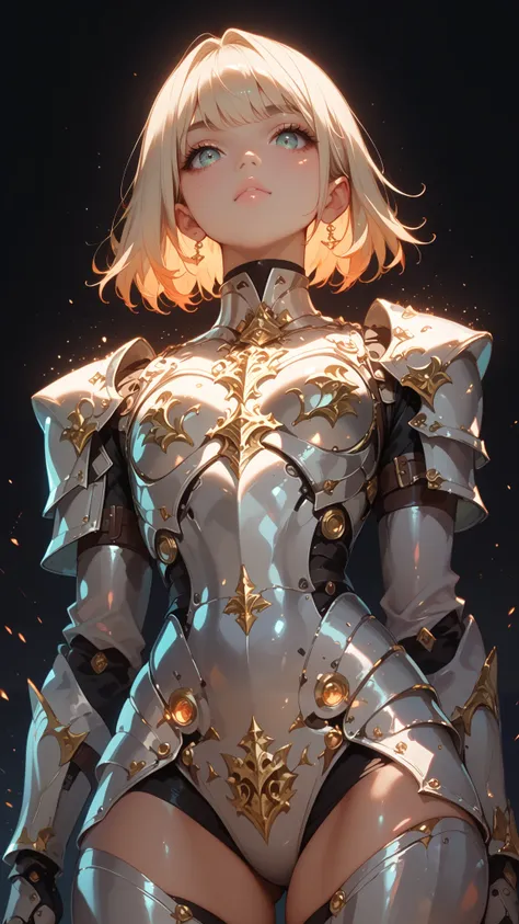 anime girl , organic armor cyborg 、 nice body curves, Knight in armour, showing off his figure , View from below, Sexy Posing , simple dark background.Armor Texture