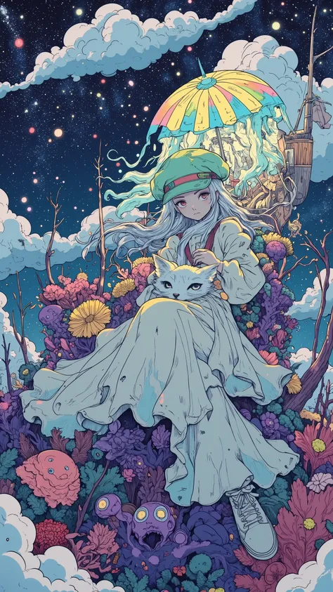 fantasy,Imagine,There is a rainbow jellyfish boat,jellyfish umbrella cover(It's a 5 meter long),The paddle is a boat made of whale ribs,cabin,I've always clung to the snow fox,a floating island made of antler corals,covered with purple moss, girl(21 year...