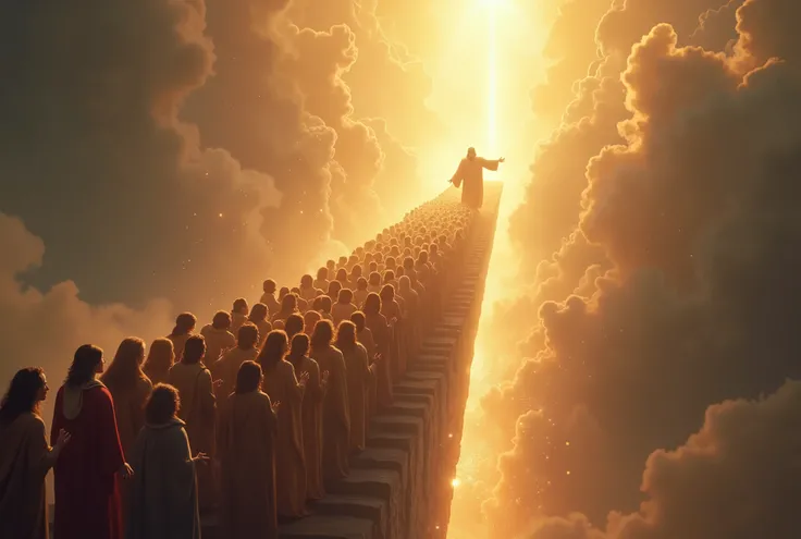 Create a sacred image of a crowd following Jesus along a shining ladder leading to heaven